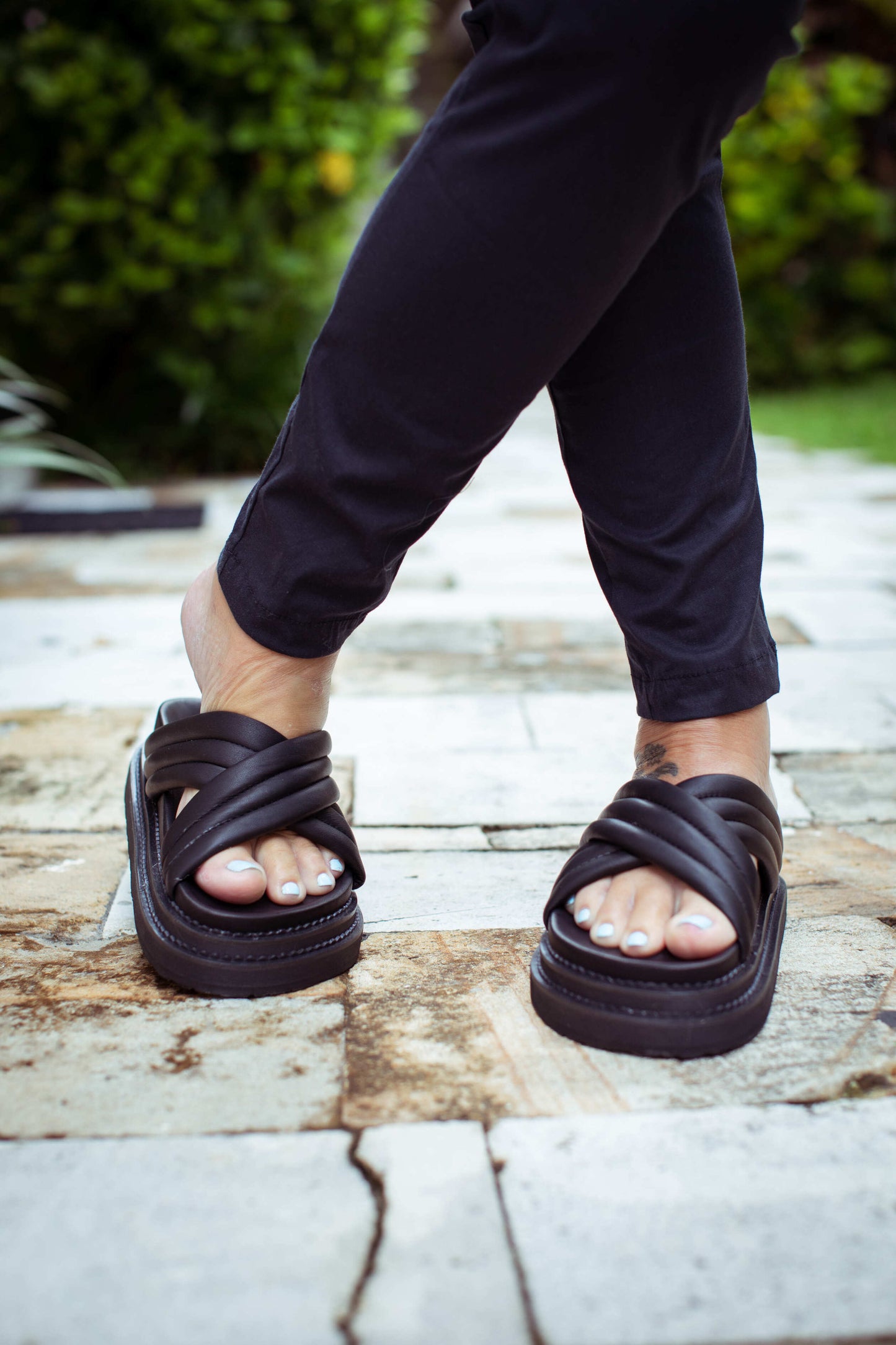 Wearing Dani platform slides